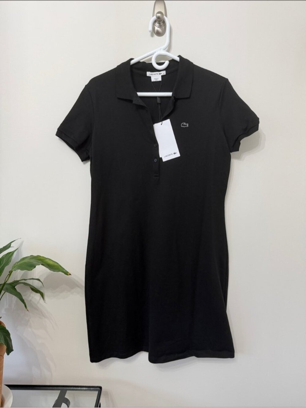 Lacoste Women Solid Black Polo Collared Short Sleeve Mini Dress Size 44/12